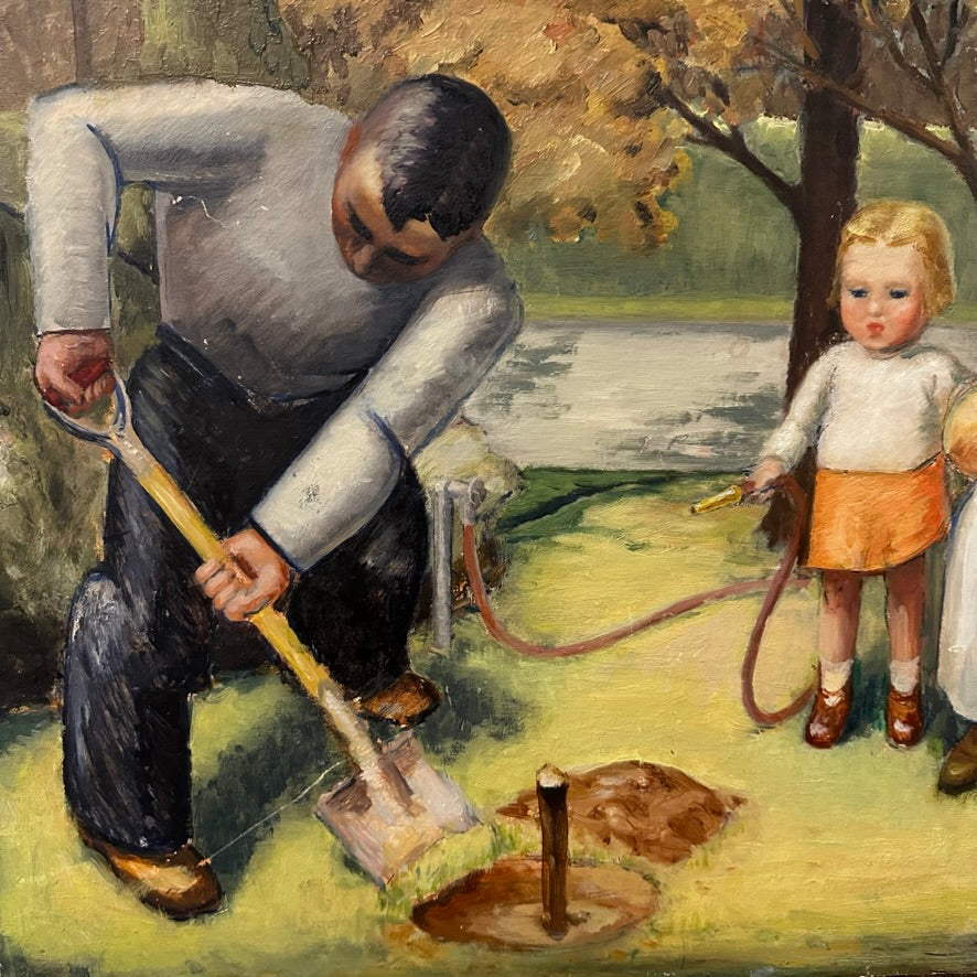 1930s WPA Painting of Family Planting a Tree - Antique Regionalist Paintings - Milwaukee Estate - Environmental Artwork - Rare Oil on Board