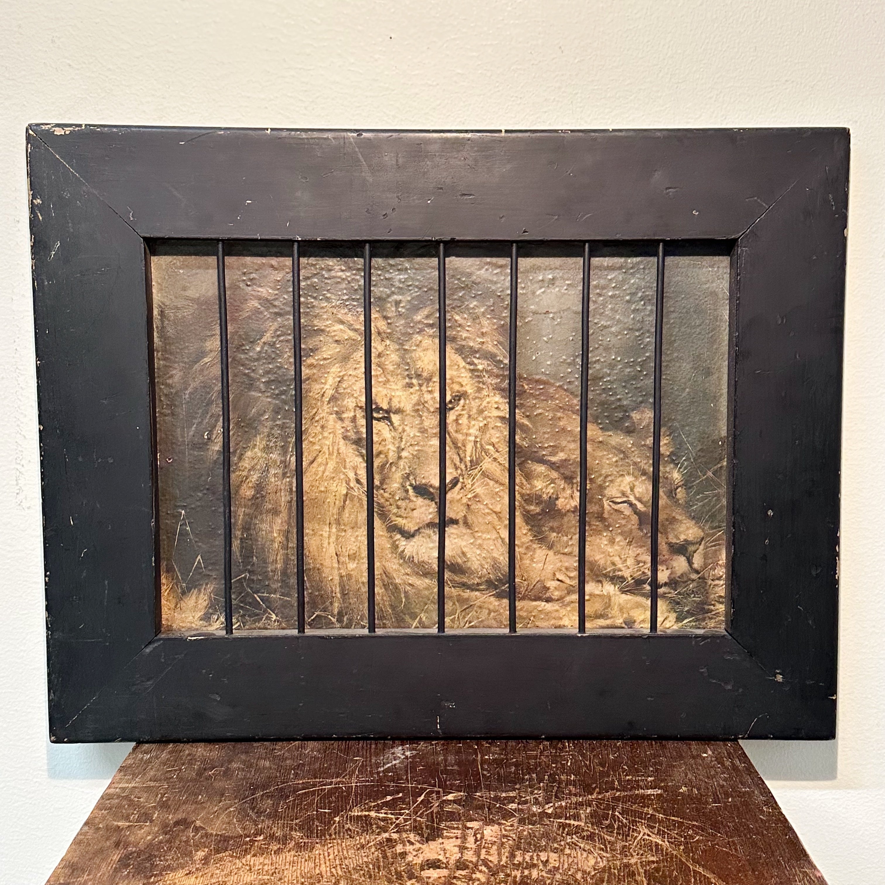 Rare Antique Shop of the Crafters Print of Two Lions at Rest Behind Wood Cage Frame - Early 1900s Gambling Association - Underground Artwork