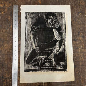 1960s Woodcut of Edgy Man Deep in Thought | Mystery Artist