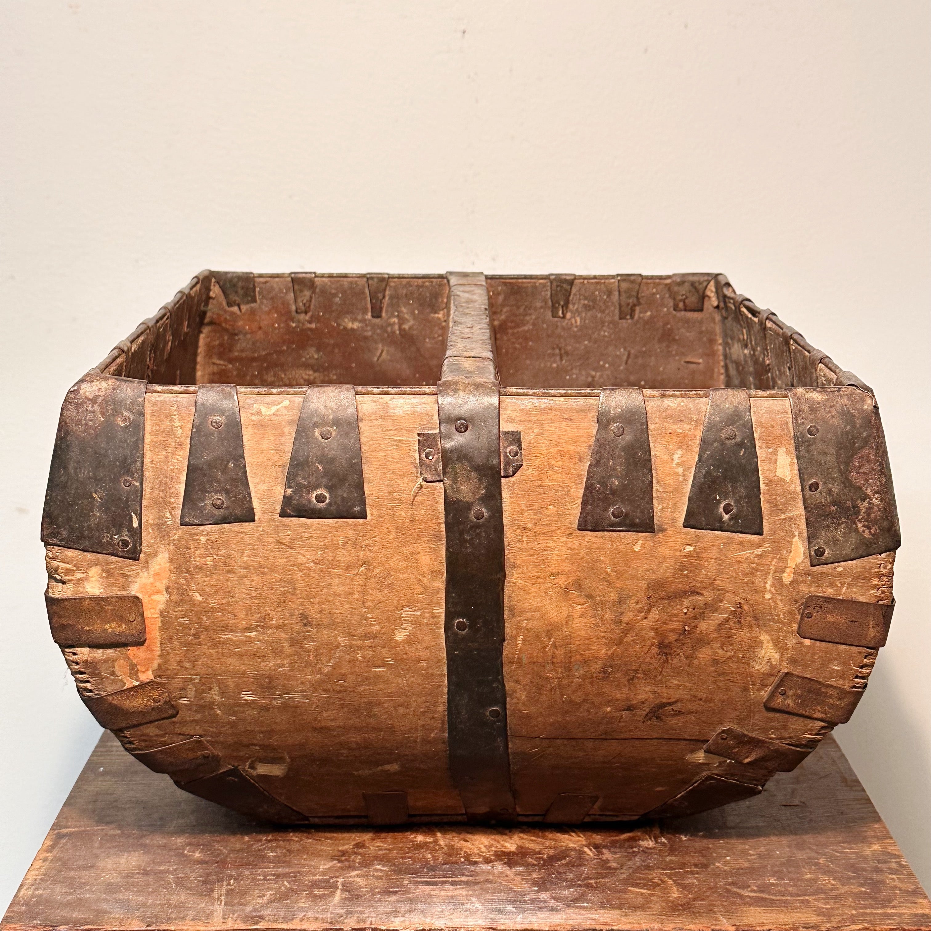 Antique Chinese Wood Grain Basket with Stylized Tulip Carving
