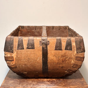 Antique Chinese Wood Grain Basket with Stylized Tulip Carving