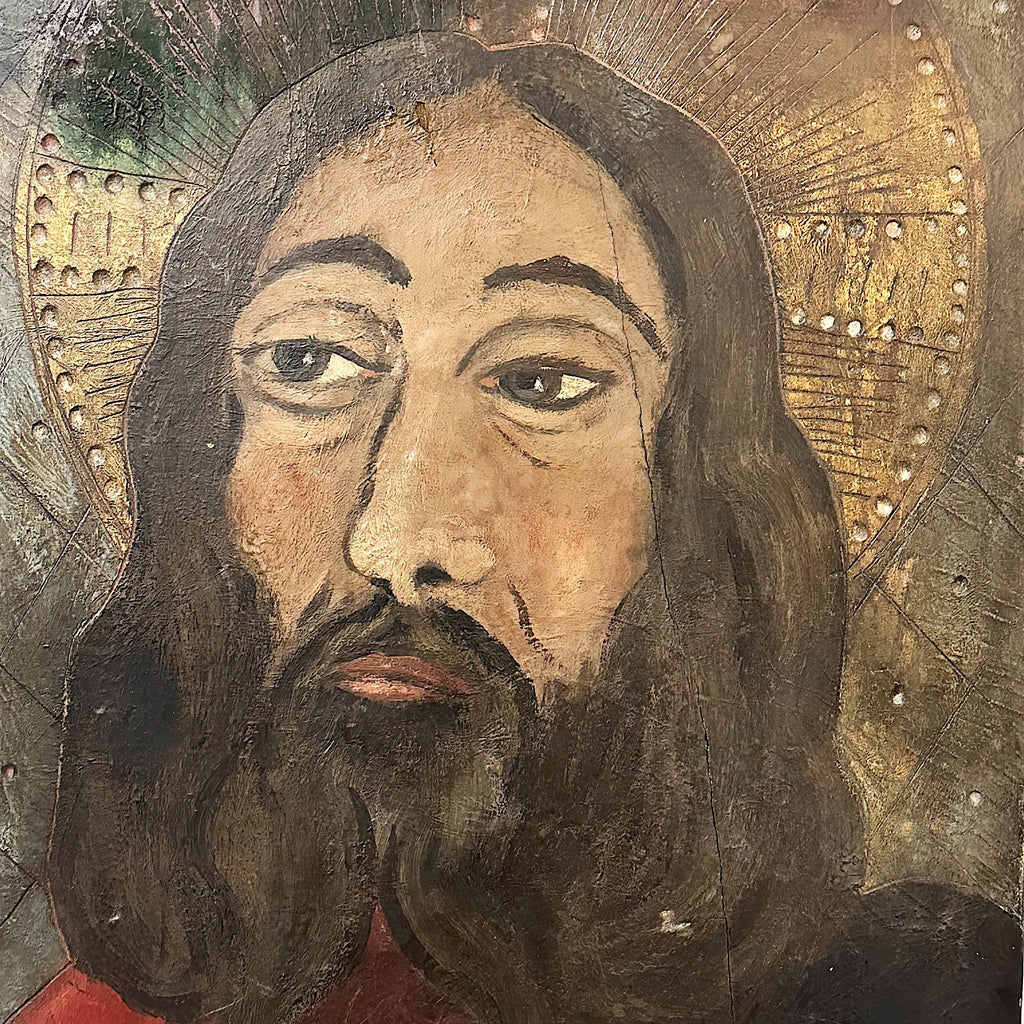 Antique Retablo Painting of Jesus - Turn of the Century Folk Art - Rare Spanish Colonial Art - Early 1900s Iconic Paintings - Carved Wood