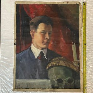 Early 1900s Memento Mori Painting of Artist with Skull | Self Portrait