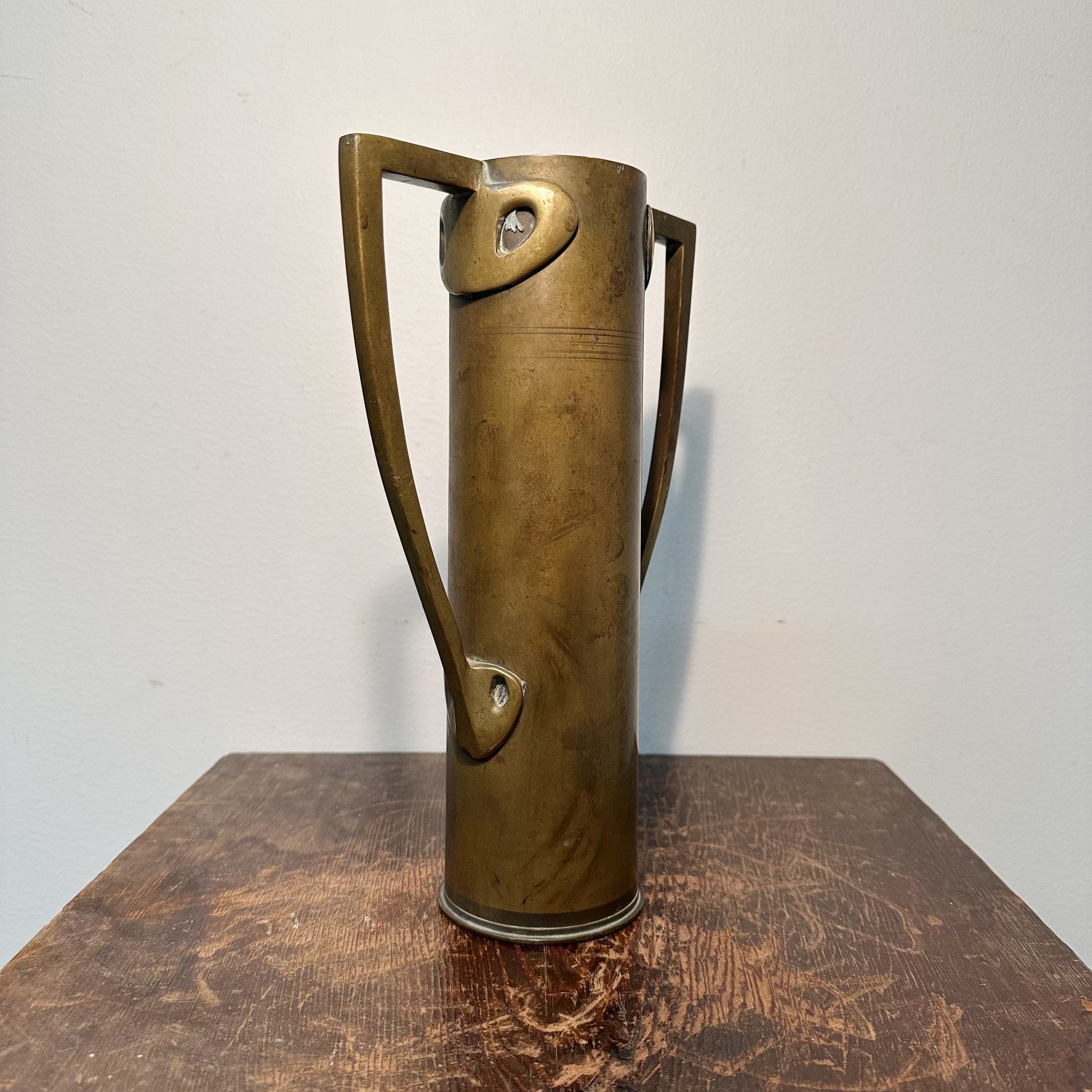 RAre WWII Trench Art Vase with Unique Handles - Antique Militaria Folk Art Sculpture - 11 1/2" x 3" x 7 1/2" - Rare 1940s Unusual War Artwork