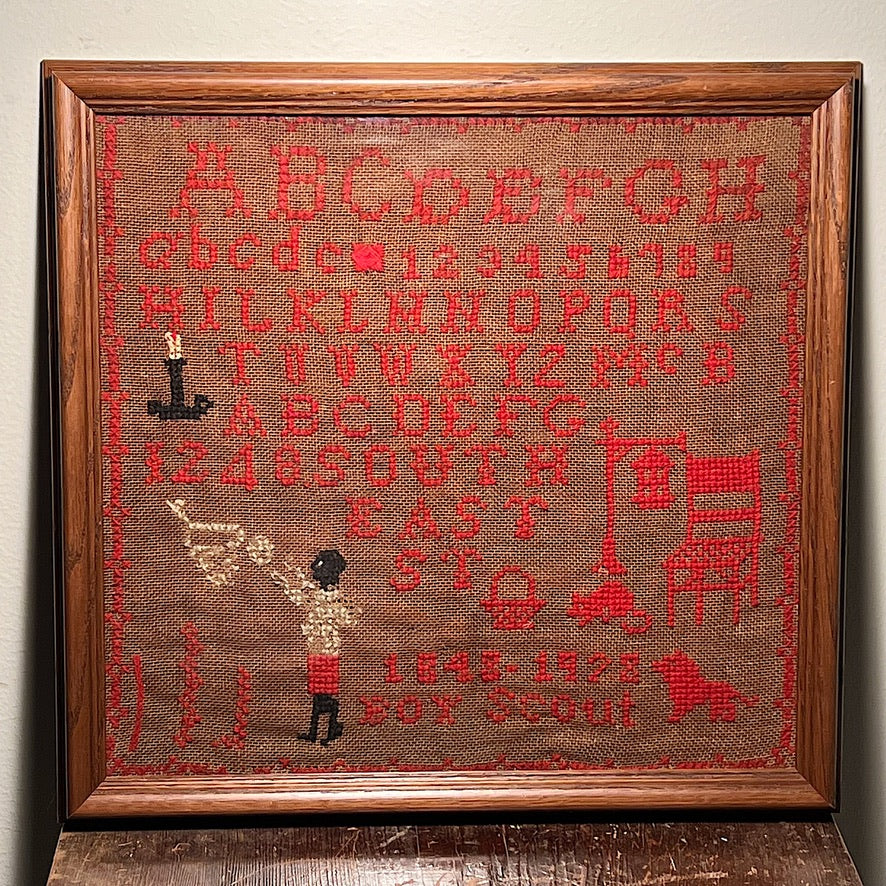 Rare 1920s African American Folk Art Sampler of Black Youth Playing Basketball - Rare Boy Scouts Needlework Samplers from Illinois -  Chicago?