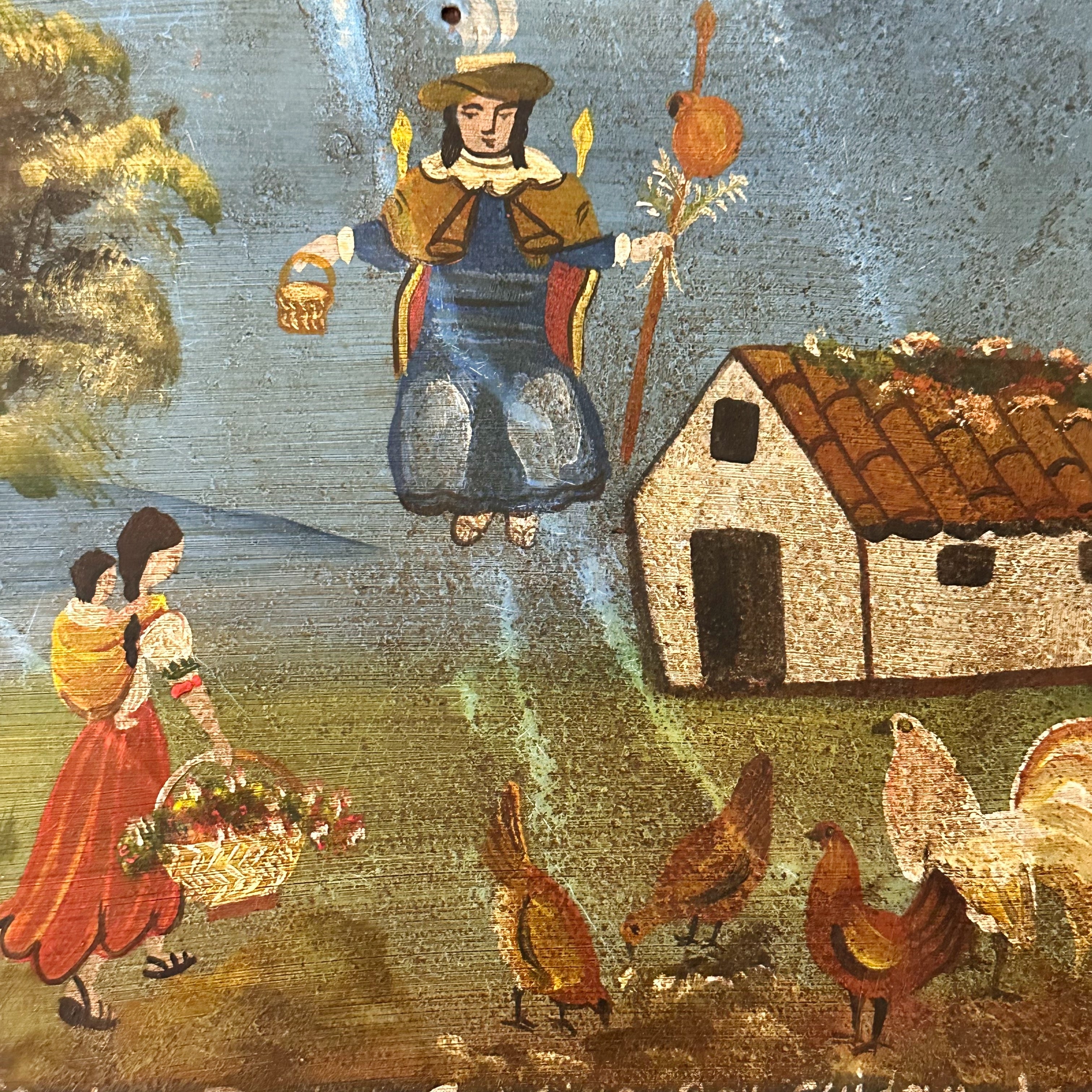 1920s Ex Voto Tin Retablo of a Saint Protecting the Chickens from Coyotes - Early 1900s Mexican Folk Art - Rare Unique Artwork - Farm -AS IS