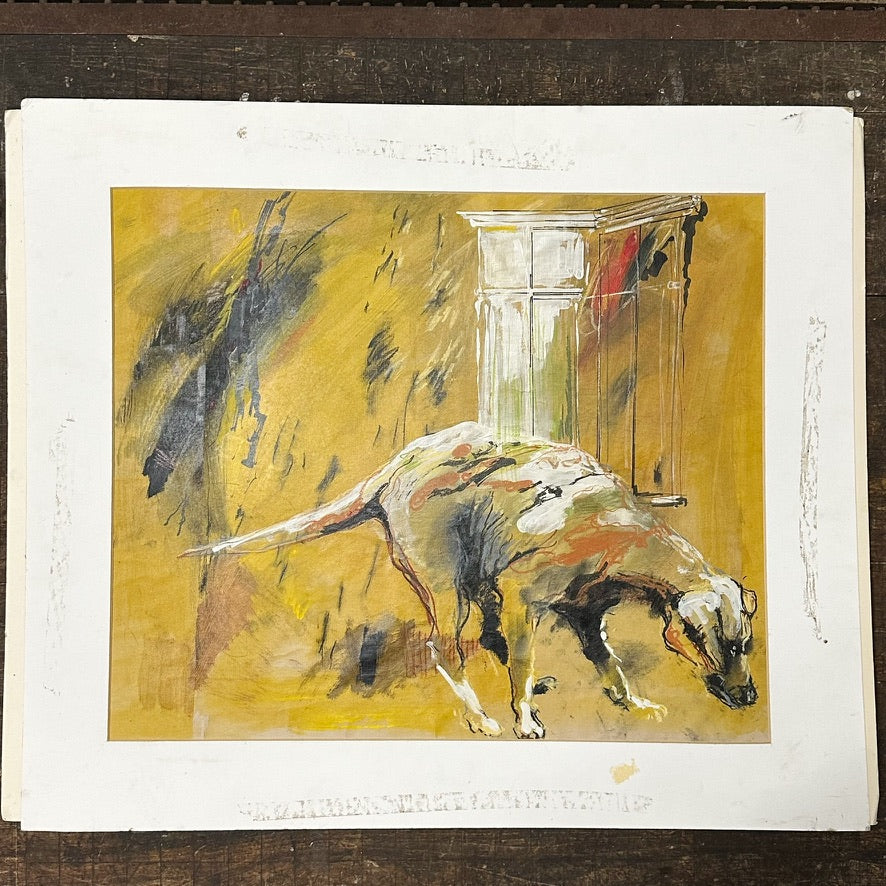 1960s Illustration Painting of Dog in an Intense Crouching Pose