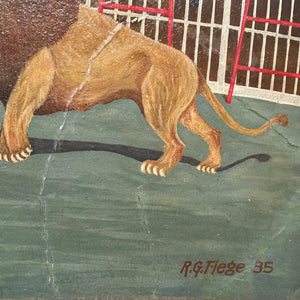 1930s Carnival Painting of Lion Tamer by Circus Painter R.G. Fiege