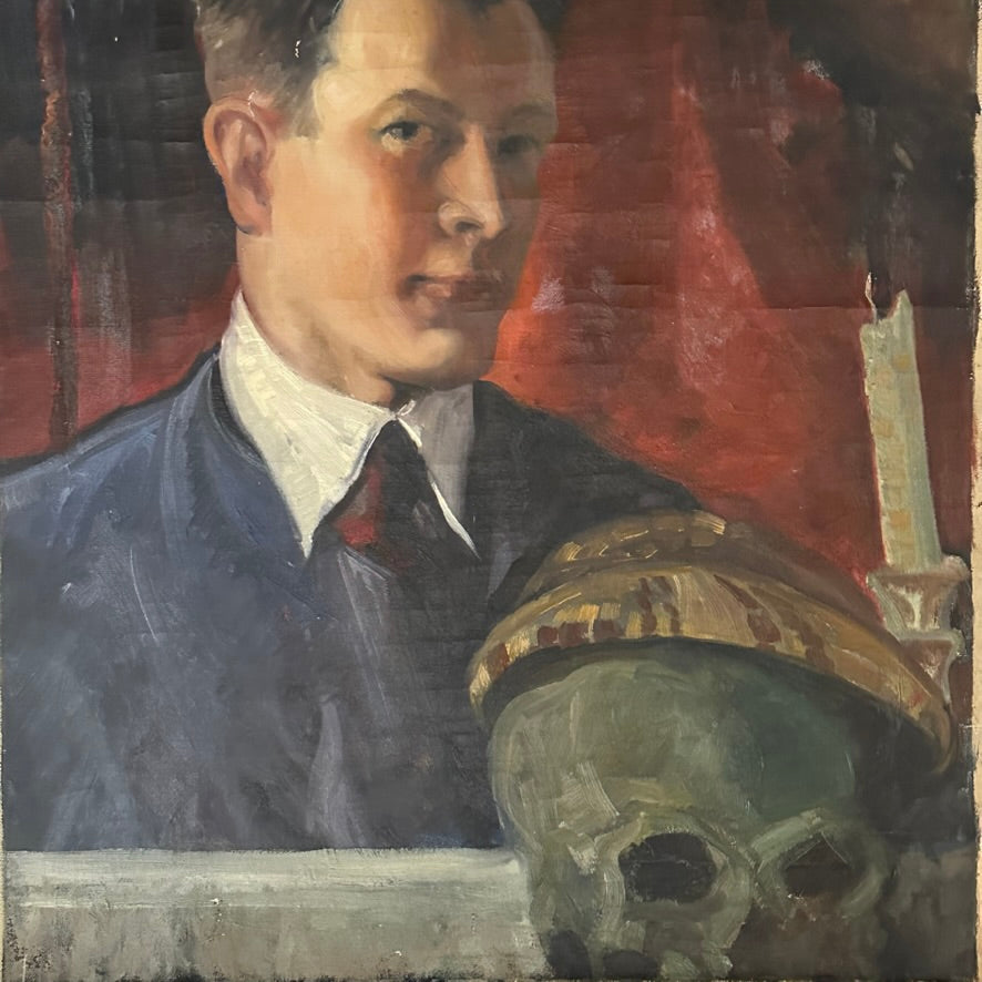 Early 1900s Memento Mori Painting of Artist with Skull | Self Portrait ...