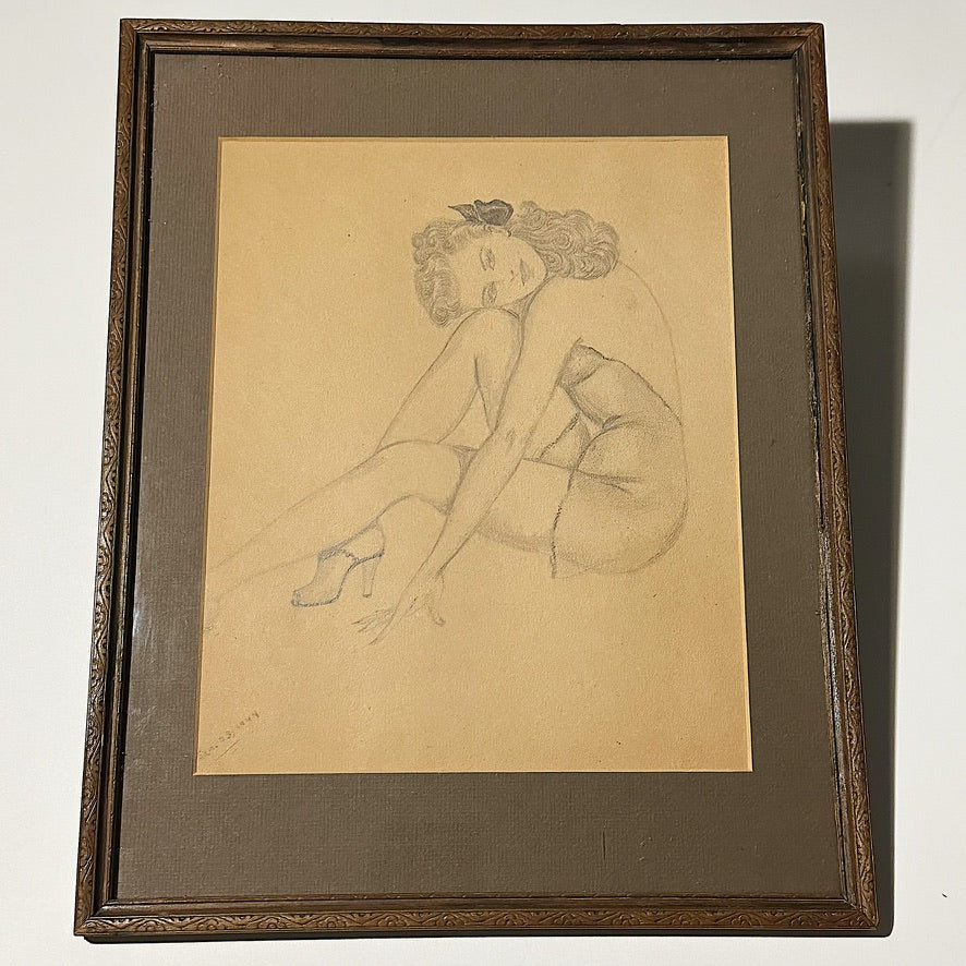 Rare WW2 Pinup Drawing of Woman in a Pose - Dated Jan 23 1944 - Military Artwork - Militaria Drawings - Risqué Art - 1940s Drawings