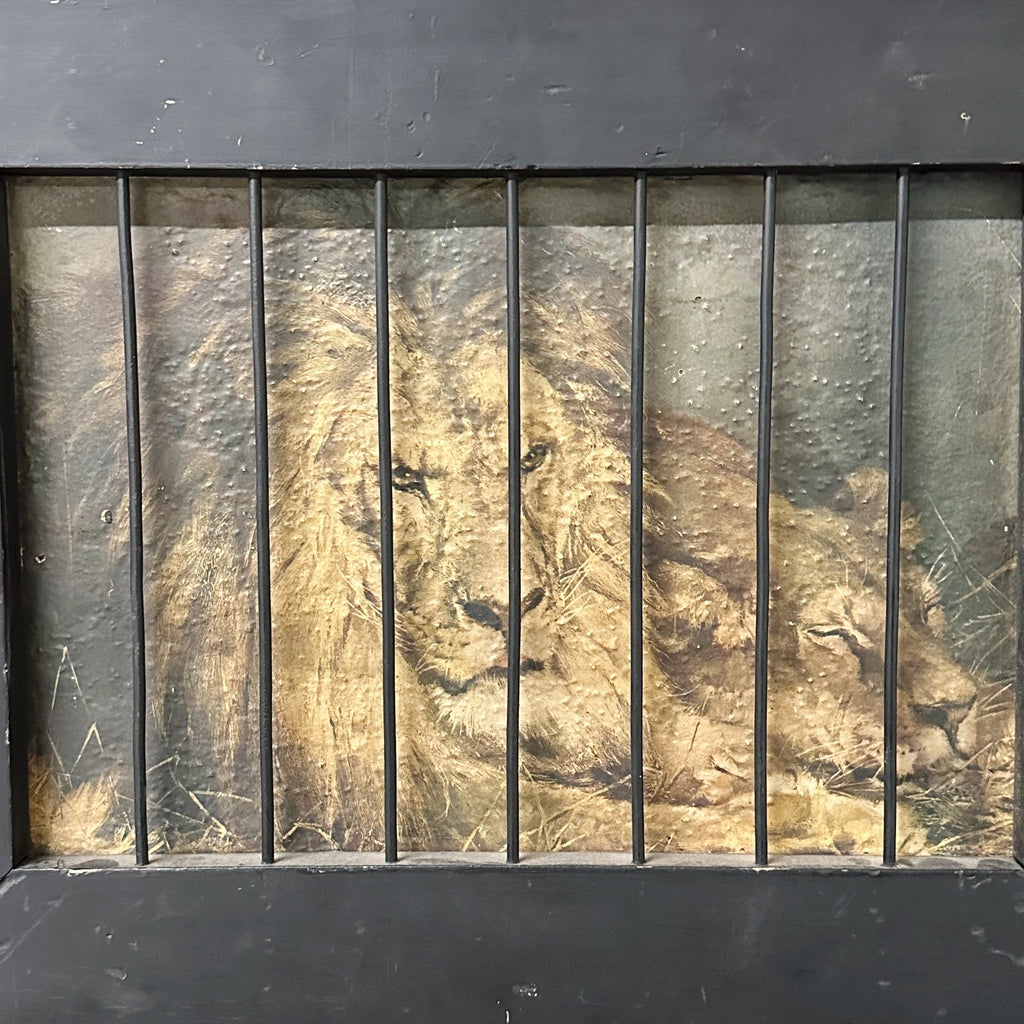 Antique Shop of the Crafters Print of Two Lions at Rest Behind Wood Cage Frame - Early 1900s Gambling Association - Underground Artwork