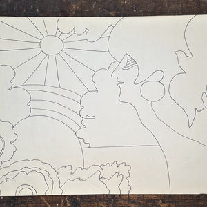 1970s Psychedelic Drawing of Woman Staring at Beaming Sun