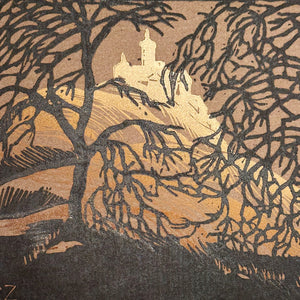 1920s Linocut Mixed Media Artwork of Castle in the Hills - California Gothic Scene - Signed RZ- William Randolph Heart Castle Style