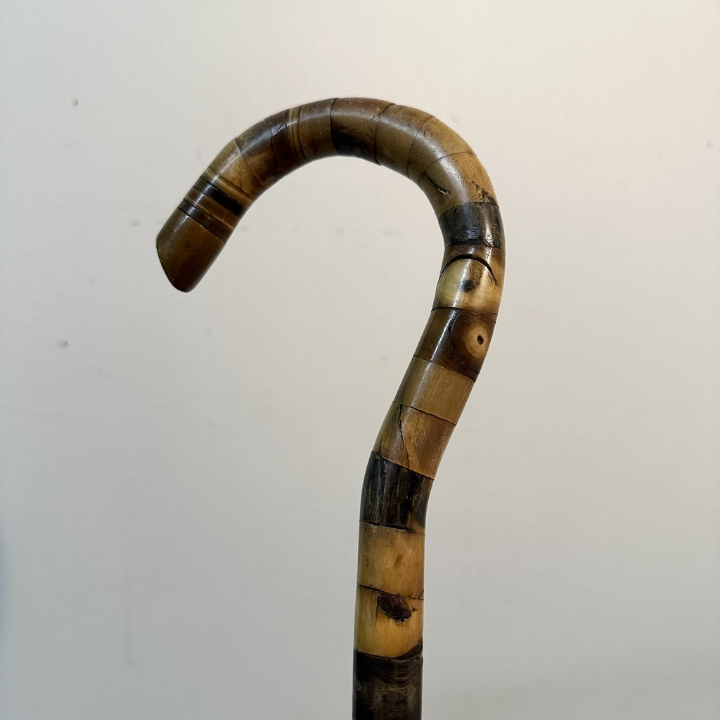 19th Century Stacked Horn Walking Cane - Antique Western Stick with Hook Handle and Heavy Patina - 1800s