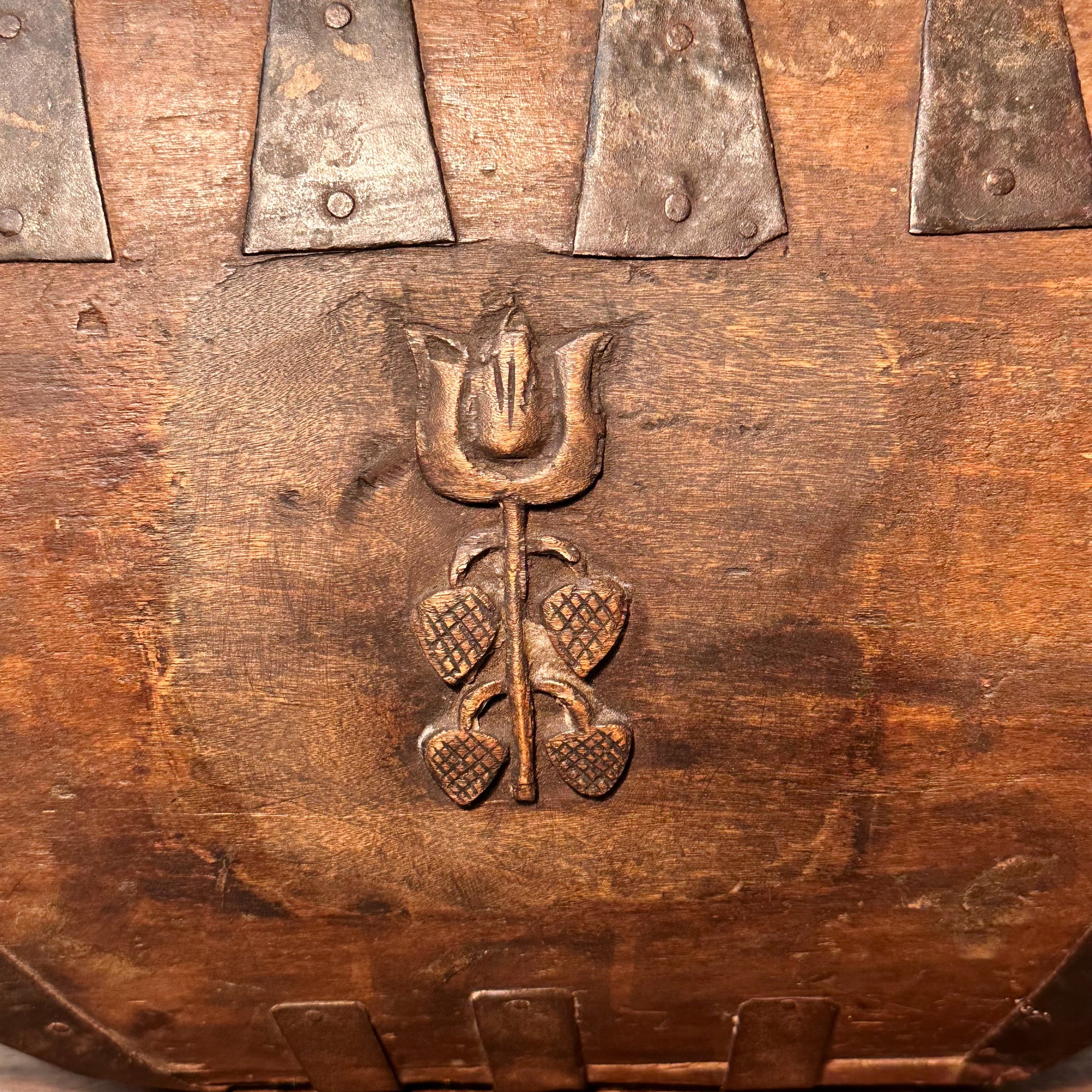 Antique Chinese Wood Grain Basket with Stylized Tulip Carving