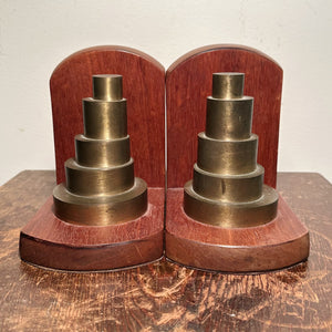 Machine Age Industrial Bookends with Heavy Stacked Brass Weights - Art Deco Modernist Sculptures - 1920s Architectural Scientific Design
