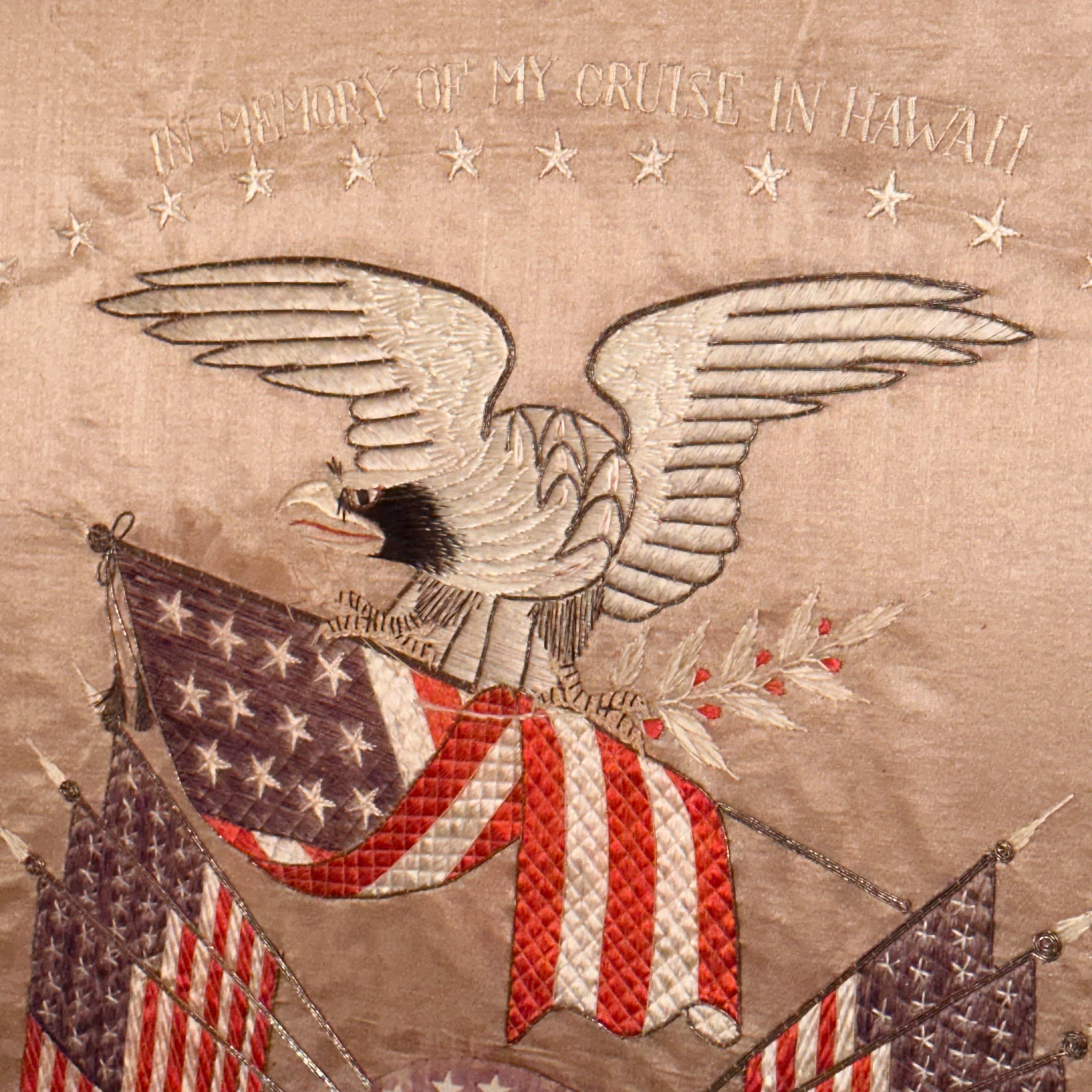 Early 1900s Souvenir Silk Embroidery of Military Hawaiian Cruise with Eagle and Flags - Commemorative Japanese Intricate Embroidered Design