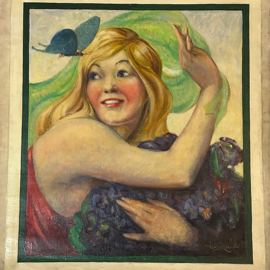 Rare Early 1900s Painting of Woman and Butterfly by Louis E. Rasch - Minnesota Artist - Illustration Art - Art Deco Paintings - Unstretched
