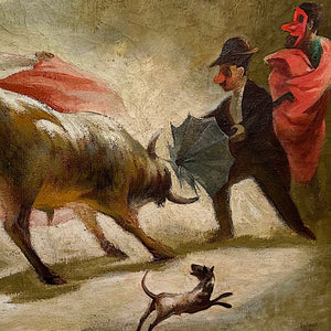 Jose Reyes Meza Painting of Bullfight & Costumed Figures | 1951