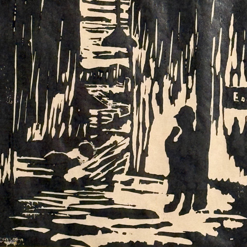 Vintage Robert Andres Woodcut Print | "Night Warehouse" | Dramatic WPA Style Print | Dayton's Gallery 12 Provenance