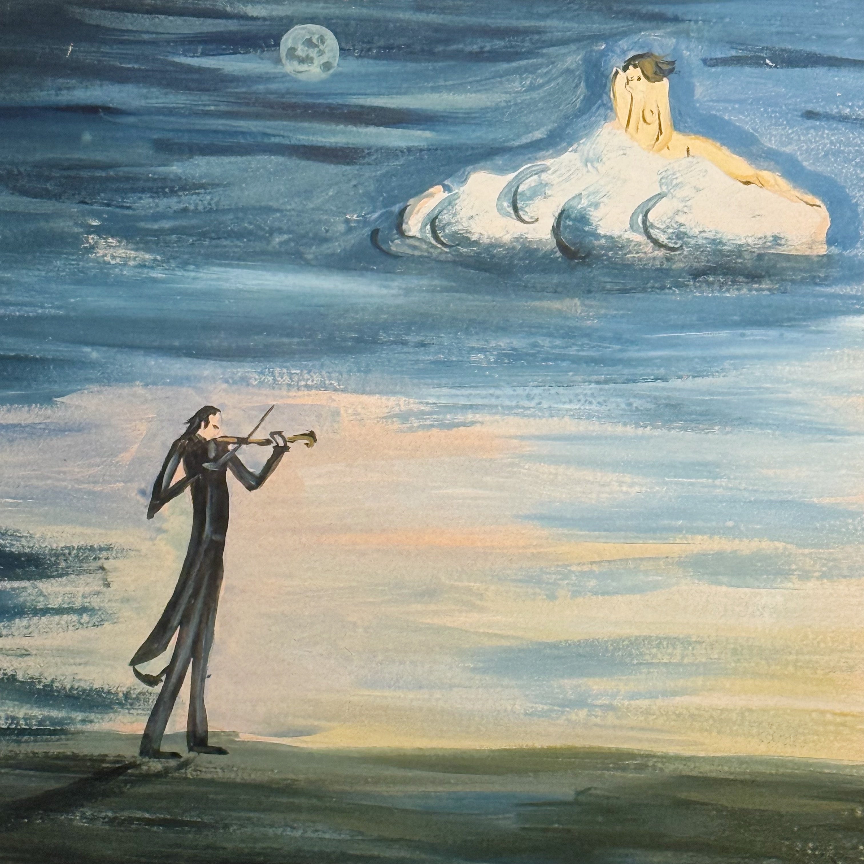 1970s Meir Pichhadze Original Surrealist Painting | "Violinist and Castle on a Cloud" | Signed Surrealist Art | 20" x 28"