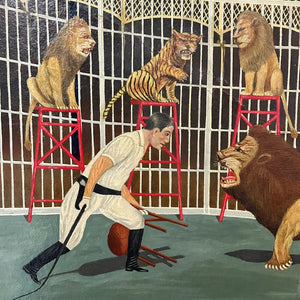 1930s Carnival Painting of Lion Tamer by Circus Painter R.G. Fiege