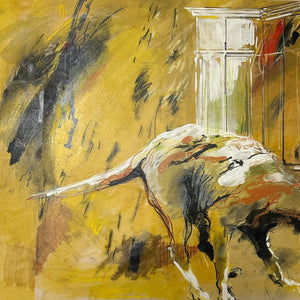 1960s Illustration Painting of Dog in an Intense Crouching Pose