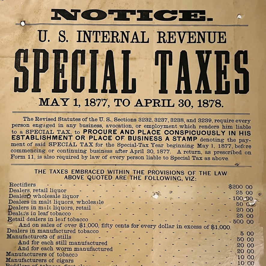 19th Century Liquor Tobacco Broadside Poster for Special Taxes - 1800s Antique Sin Posters - Rare Alcohol Historical Documents