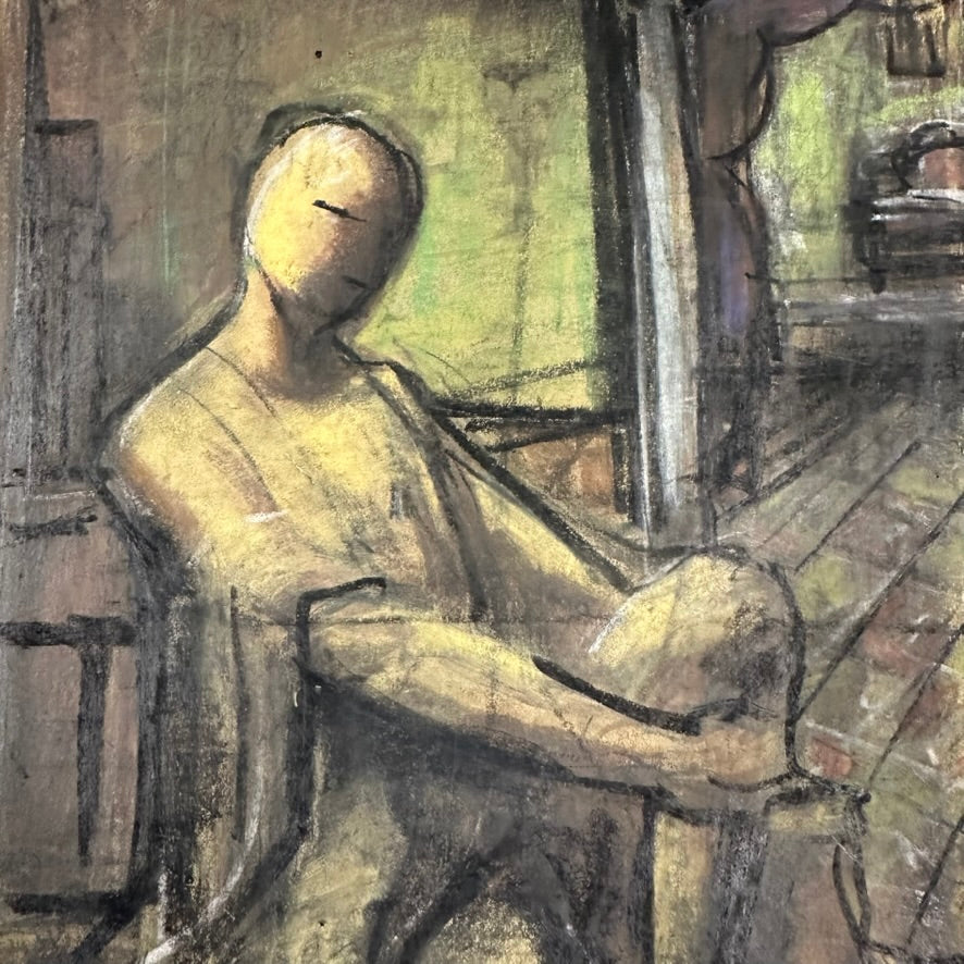 1940s Tina Costa Studio Sketch on Thick Paper - Haunting Unusual Seated Figure - Vintage Impressionist Artwork - California Artist - Rare