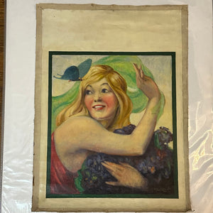 Early 1900s Painting of Woman and Butterfly | Illustration Art