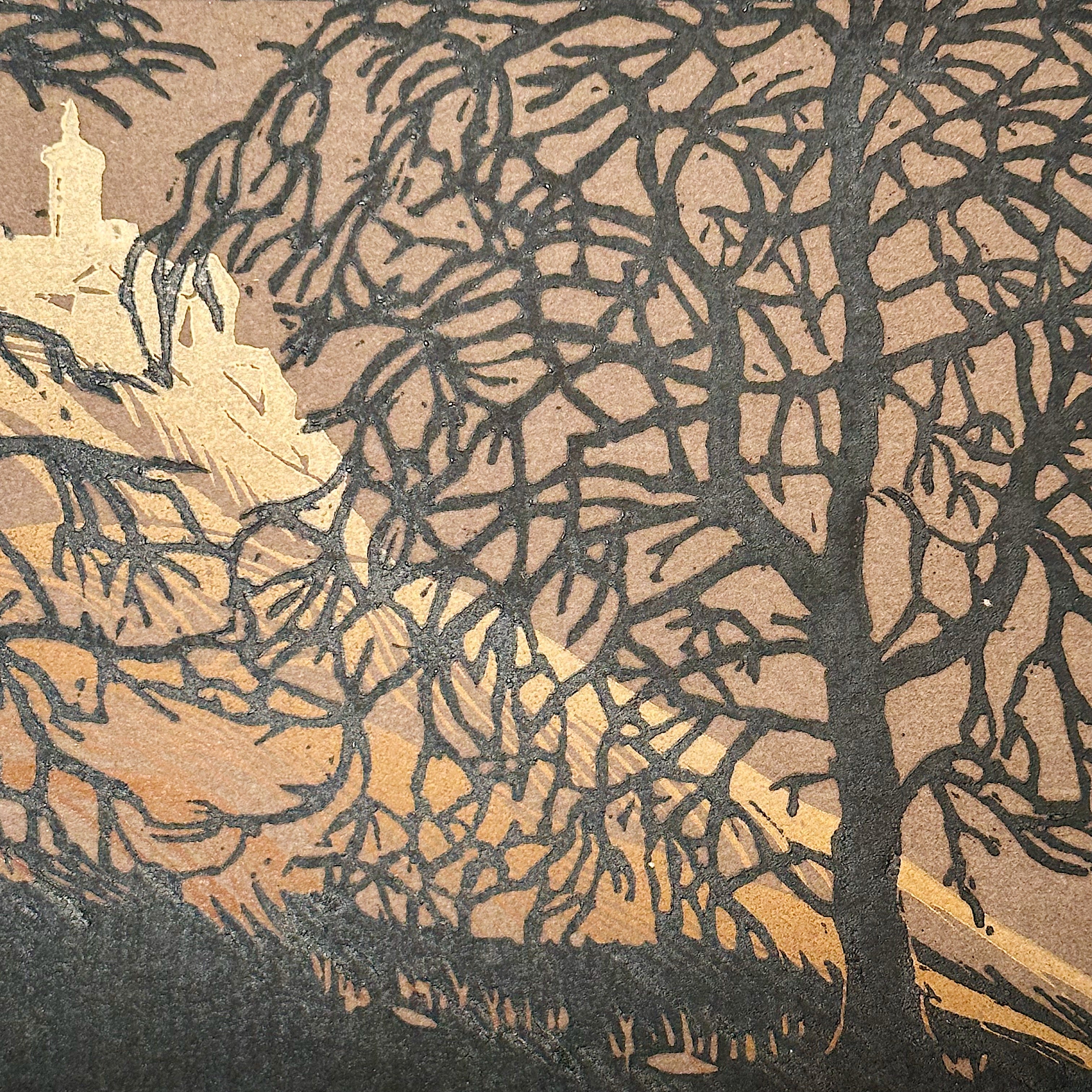 1920s Linocut Mixed Media Artwork of Castle in the Hills | California