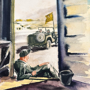 WW2 Watercolor Painting of Soldier Resting in the Sun - WPA Era Artwork of Military Scene - 1940s Signed Paintings - Cleveland Art School