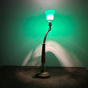 Antique Bordello Gooseneck Lamp with Ornate Green Metal Base