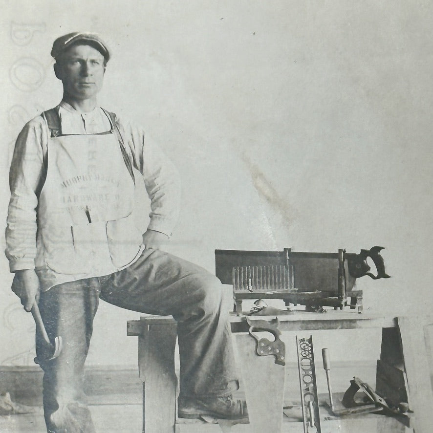 Antique Postcard of Hardware Store Carpenter with Tools - Rare RPPC - Early 1900s - Occupational Photography - Unused - Old Denim - AS IS