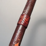 Rare Antique Wrapped Leather Cane with Slice Scratch Decal and Metal Grip  - Vintage Folk Art Walking Stick - Rare Unusual 19th Century Accessory