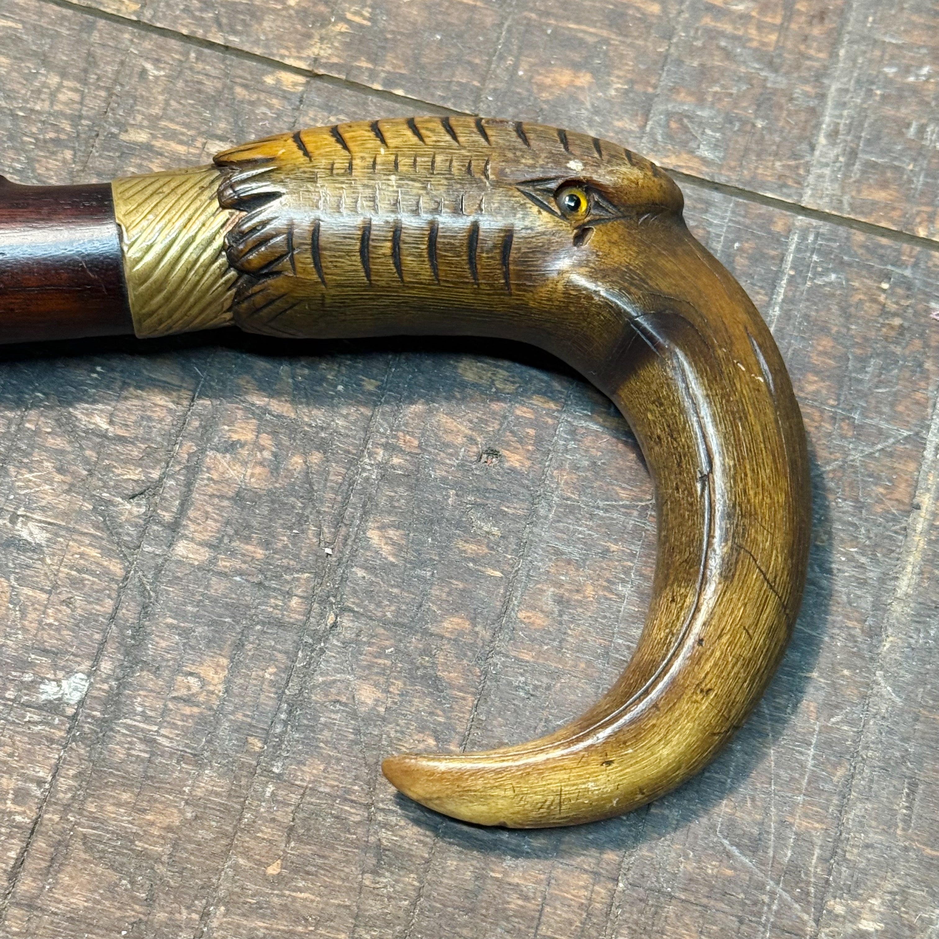 Antique Ibis Horn Walking Cane with Hook Handle Glass Eyes Heavy Patina - 19th Century Stick - 1800s Folk Art - Rare Ornate Carvings