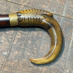 Antique Ibis Horn Walking Cane with Hook Handle Glass Eyes Heavy Patina - 19th Century Stick - 1800s Folk Art - Rare Ornate Carvings