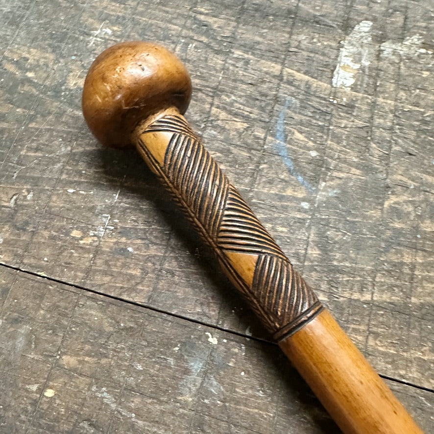 Antique Zulu Knobkerrie Stick with Geometric Design - Rare Turn of the Century South African Military Artifact -  1880 Swagger Club - 29"