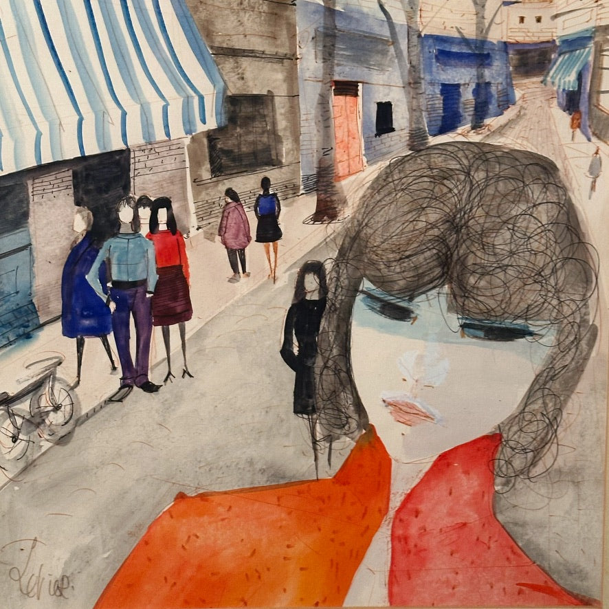 Charles Levier Watercolor Painting of Woman in the Street | 1960s