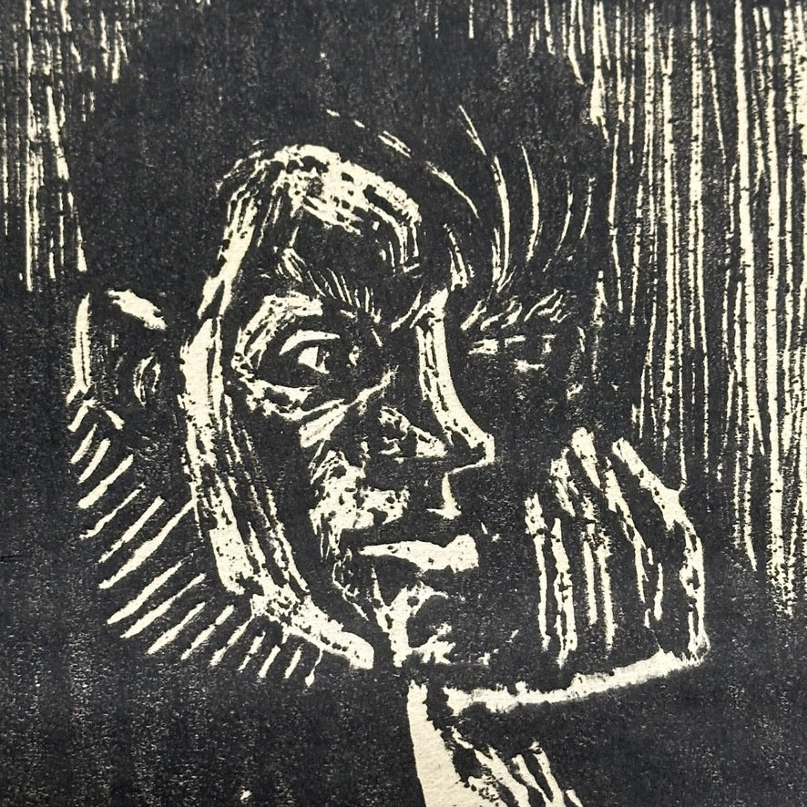 1960s Woodcut of Edgy Man Deep in Thought | Mystery Artist