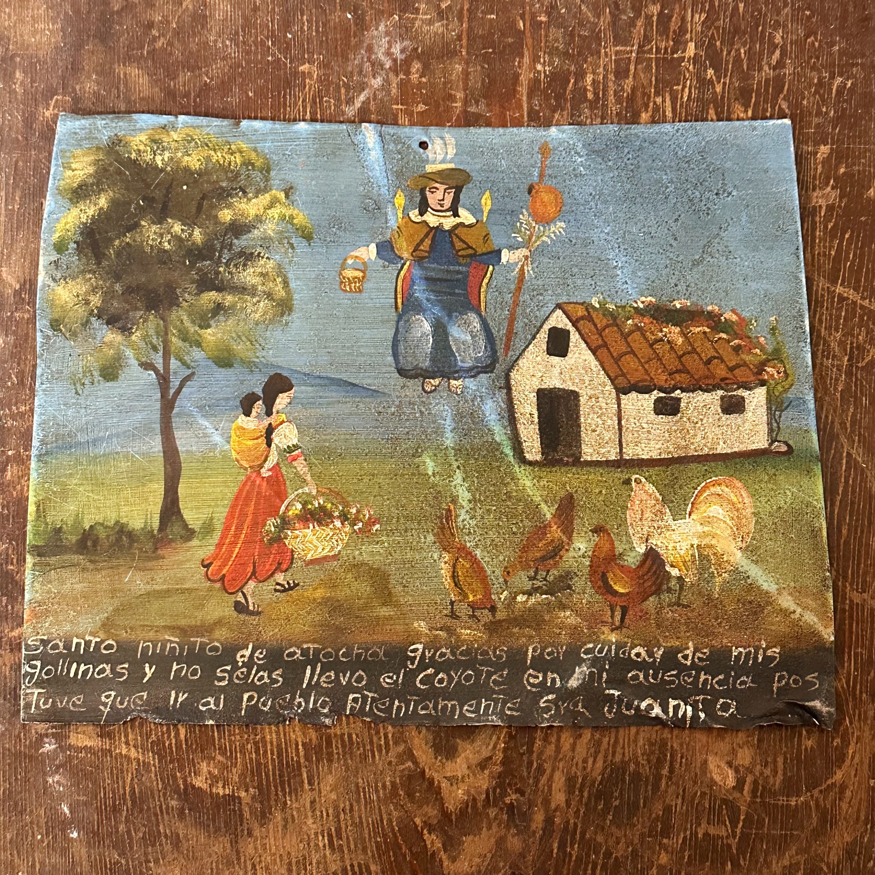 1920s Ex Voto Tin Retablo of Protecting the Chickens from Coyotes