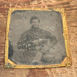 Antique Civil War Tintype of Union Soldier Displaying Pistol