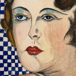 1920s Deco Painting of Stylized Flapper Woman Gazing