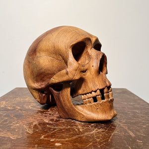 Rare Antique Memento Mori Wood Skull - Rare American Folk Art - Turn of the Century Hand Carved Life Sized Ornate Carving - Medical Model Carving