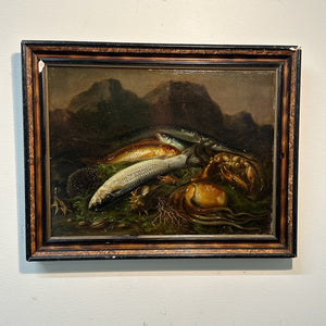 Rare 19th Century Still Life Painting in the Manner of Guiseppe Recco- 1800s - Freshly Caught Seafood - Dark Mountains - Coastal Scene