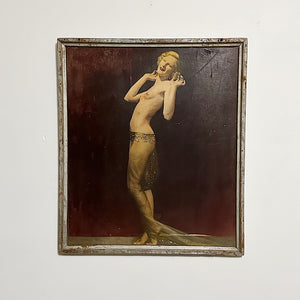 Rare 1930s Burlesque Theater Panel with Painted Photo of Nude Dancer on Wood - Antique Underground Antique - East Coast History - 23" x 20"