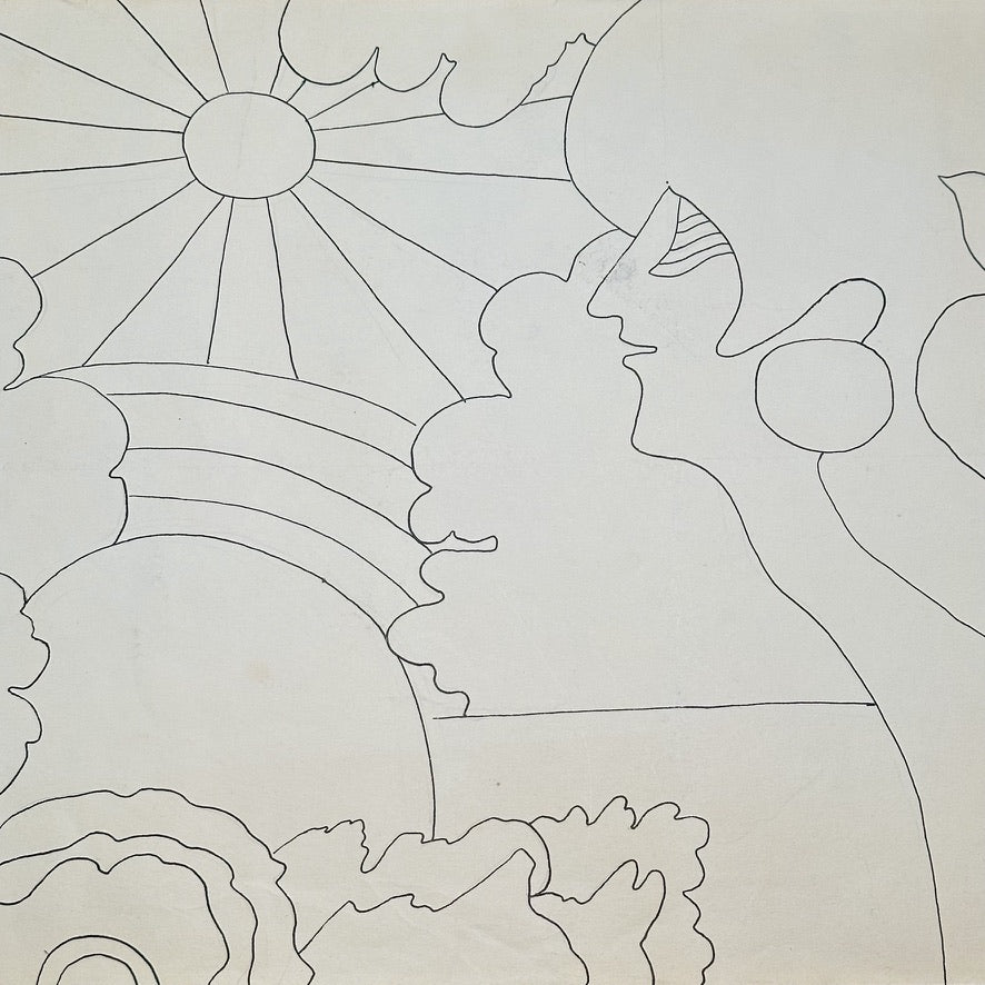 1970s Psychedelic Drawing of Woman Staring at Beaming Sun  - Vintage Counter Culture -Unsigned - Peter Max Style - Rare Underground Artwork