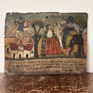 1920s Ex Voto Tin Retablo of Man Avoiding a Soldier Stabbing
