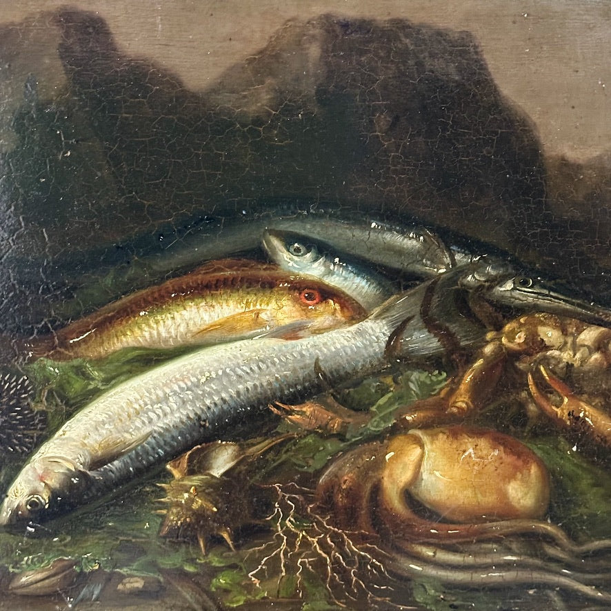 19th Century Still Life Painting in the Manner of Guiseppe Recco- 1800s - Freshly Caught Seafood - Dark Mountains - Coastal Scene