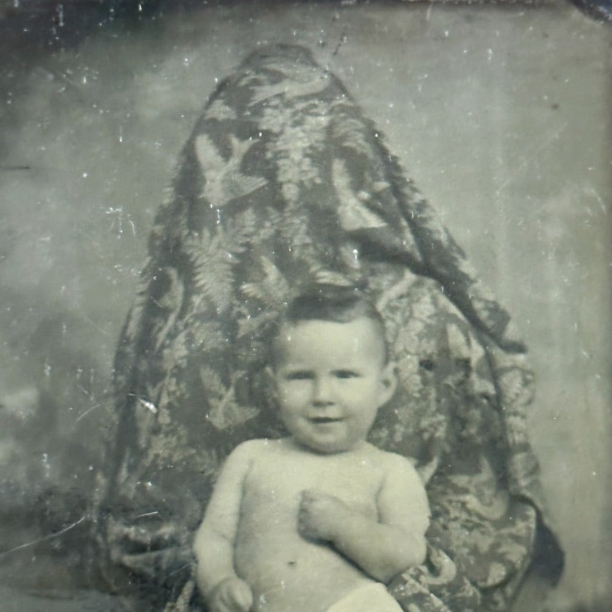 Antique Tintype of Ghost Mother Holding Unclothed Baby - 1880s Creepy Image - Rare 19th Century Collectible Photography - Strange Images